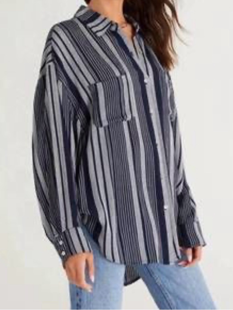 Z Supply Rio Striped Button Down Shirt | Midnight Blue | Size M/L